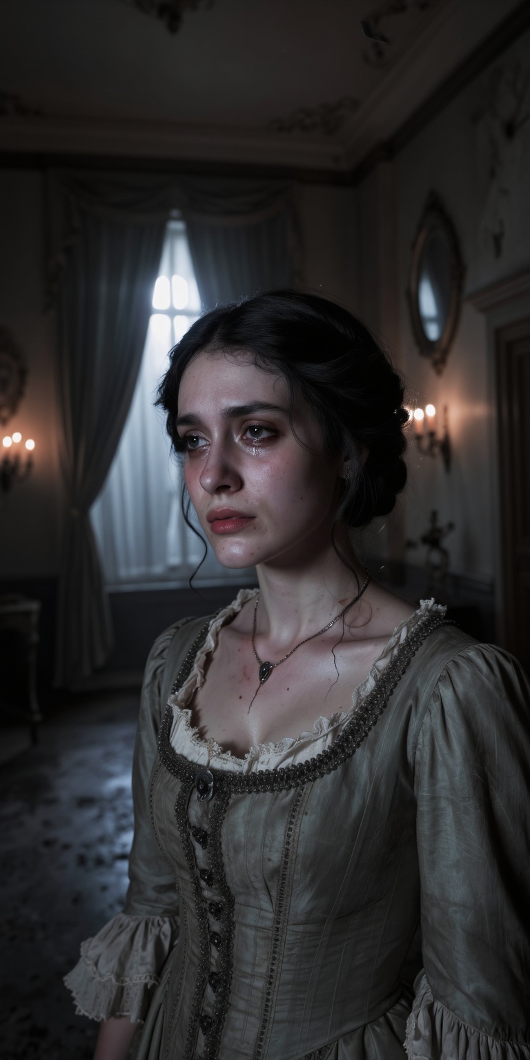 Ultra-photorealistic dark fantasy portrait of a cursed noblewoman in a decaying gothic manor. Her face is highly detailed...