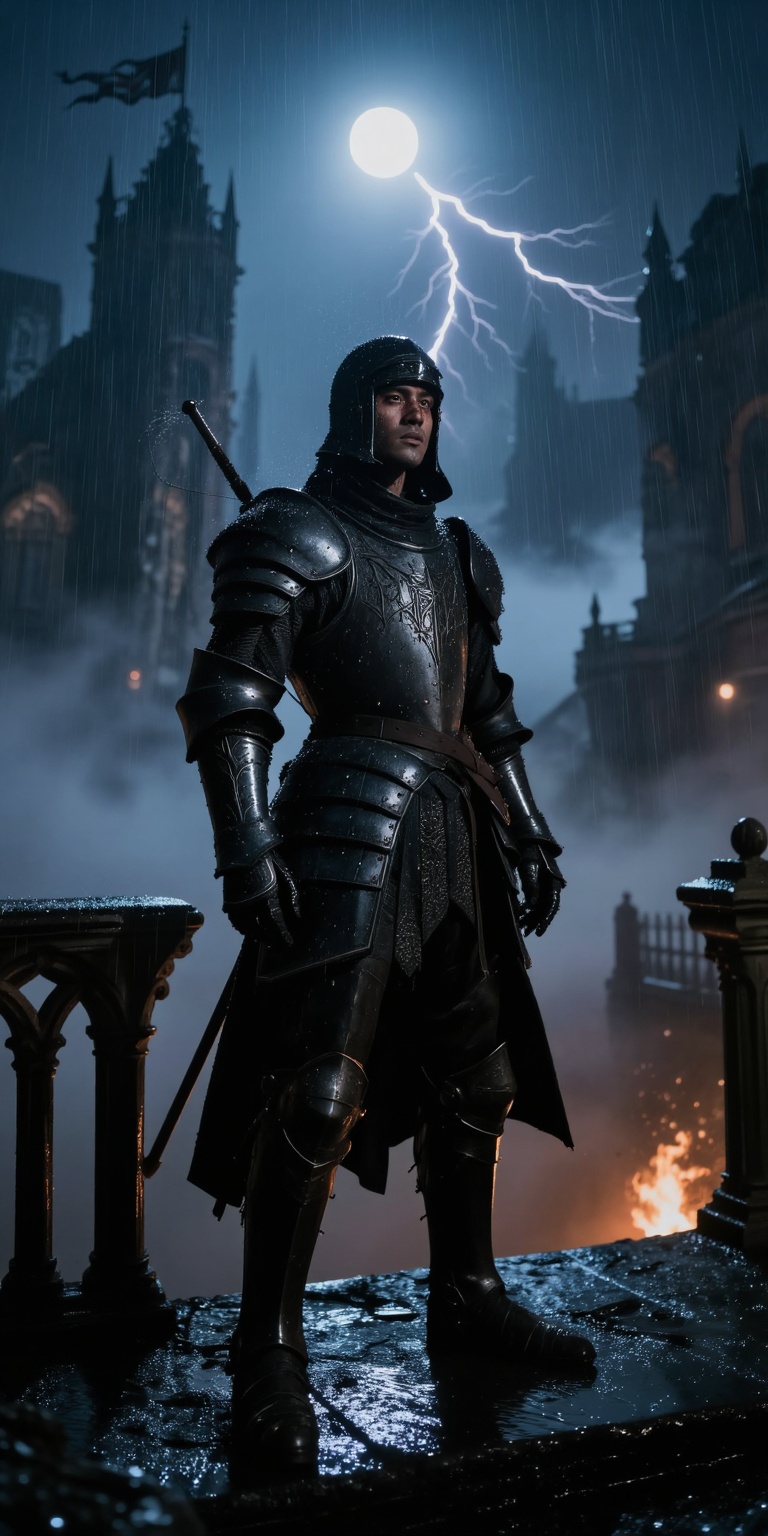 Cinematic dark fantasy scene depicting a lone black-armored knight standing on a rain-soaked bridge at night,  framed like...