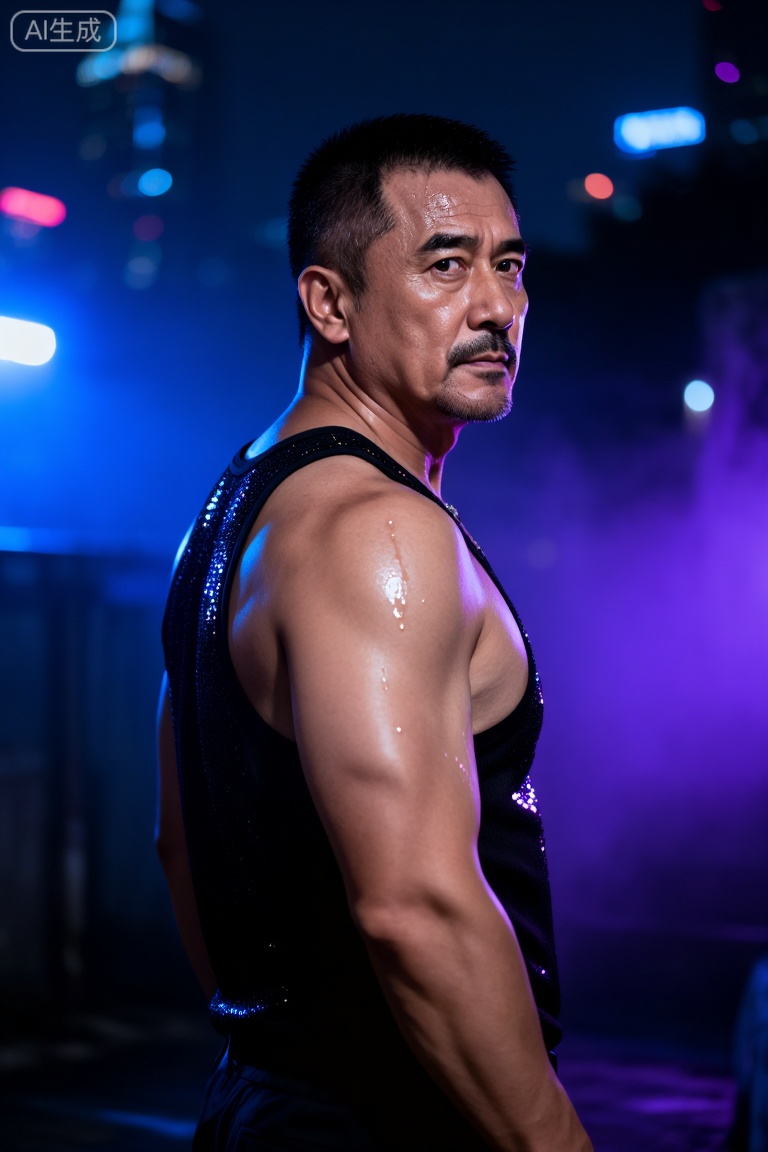 中国男人,极致细节,4K壁纸,最高质量,杰作,极致清晰,
一个中年男人,有一张硬朗、阳刚的脸和整洁的短发。他赤膊上阵,肌肉被脂肪覆盖,但身体紧绷,肌肉线条有力,置身于迷幻的蓝色与紫色霓虹灯光中,他正回眸凝视镜头,眼神充满故事感,他身着带有亮片的黑色吊带背心,脸上的汗滴被风吹起,背景是虚化的都市夜景与闪烁的灯光,摄影,照片级真实,人像模式,焦距85mm,光圈f/1.4,ISO 400,背景光斑如奶油般化开,极致细节,4K壁纸,电影感光影,