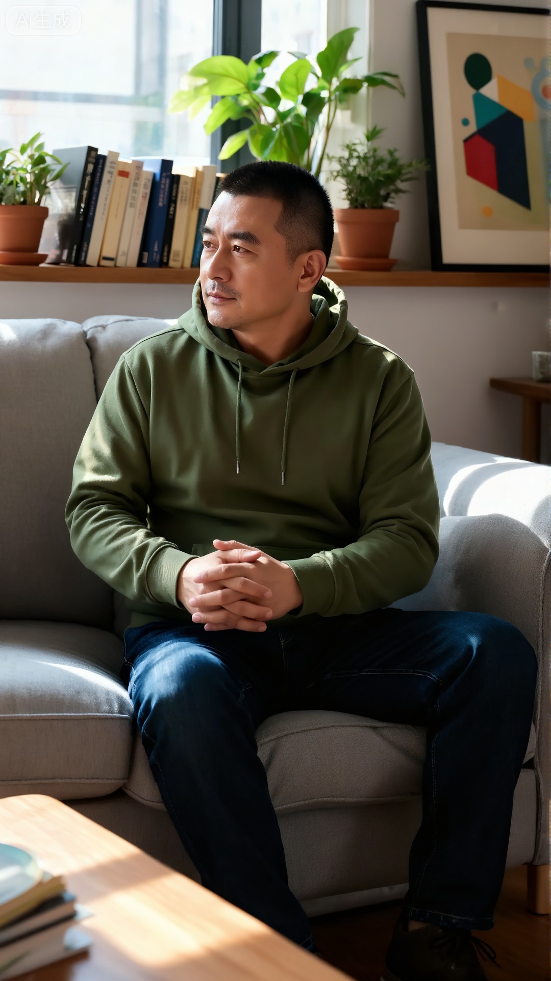 极致细节,4K壁纸,最高质量,杰作,极致清晰,DY,在中国,
中国男性, A man with a crew cut is wearing an olive green hoodie and dark blue jeans, sitting on a light gray sofa. He clasps his hands and rests them quietly on his knees, with a calm look on his side face. In the background, books are neatly arranged on the wooden shelf, with several potted plants and a decorative painting with color geometric sense dotted among them; sunlight pours into the room through the large window, casting warm light and shadow on the floor and furniture, and the whole scene is brimming with a quiet and comfortable homely atmosphere.