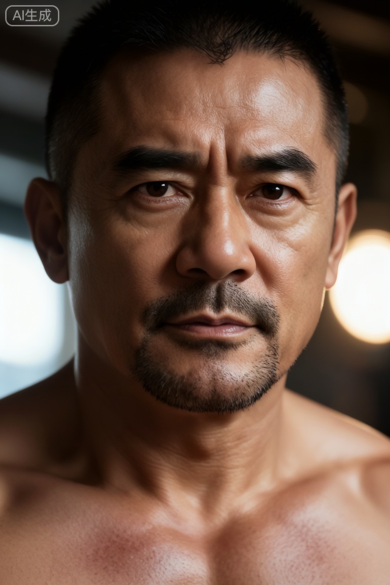 中国男人,极致细节,4K壁纸,最高质量,杰作,极致清晰,
一个中年男人,有一张硬朗、阳刚的脸和整洁的短发。他赤膊上阵,肌肉被脂肪覆盖,但身体紧绷,摄影,照片级真实,人像模式,焦距85mm,光圈f/1.4,ISO 400,背景光斑如奶油般化开,极致细节,4K壁纸,电影感光影,
