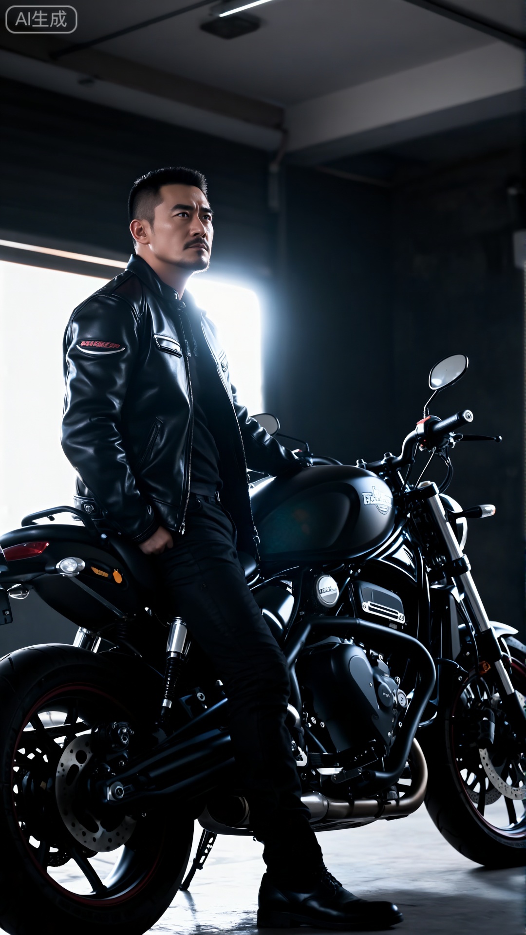 极致细节,4K壁纸,最高质量,杰作,极致清晰,DY,在中国,
中国男性, 面容冷峻,穿着皮质机车服,跨坐在重型机车上的男士。风格为酷炫机车风,光线用强烈的逆光,勾勒出硬朗的轮廓,渲染出冷峻不羁的气场。色彩以黑、银为主,凸显金属质感。构图采用对角线构图,将人物与机车沿对角线分布,增强画面张力。从侧前方低角度仰拍,突出机车与人的高大。相机参数设为大光圈,高速快门定格瞬间,生成高分辨率、质感爆棚的图片,尽显男性的阳刚与霸气。