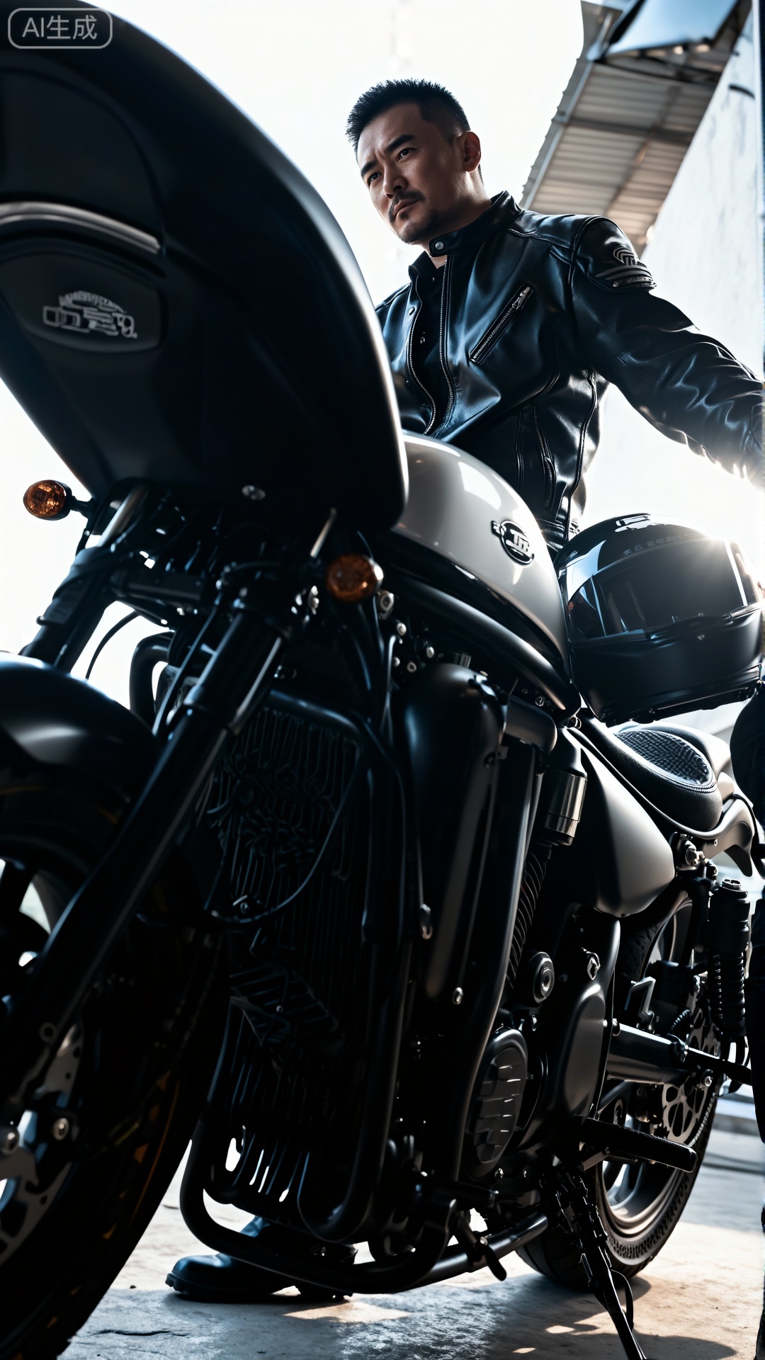 极致细节,4K壁纸,最高质量,杰作,极致清晰,DY,在中国,
中国男性, 面容冷峻,穿着皮质机车服,跨坐在重型机车上的男士。风格为酷炫机车风,光线用强烈的逆光,勾勒出硬朗的轮廓,渲染出冷峻不羁的气场。色彩以黑、银为主,凸显金属质感。构图采用对角线构图,将人物与机车沿对角线分布,增强画面张力。从侧前方低角度仰拍,突出机车与人的高大。相机参数设为大光圈,高速快门定格瞬间,生成高分辨率、质感爆棚的图片,尽显男性的阳刚与霸气。