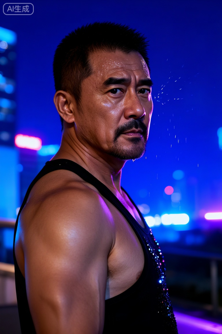 中国男人,极致细节,4K壁纸,最高质量,杰作,极致清晰,
一个中年男人,有一张硬朗、阳刚的脸和整洁的短发。他赤膊上阵,肌肉被脂肪覆盖,但身体紧绷,肌肉线条有力,置身于迷幻的蓝色与紫色霓虹灯光中,他正回眸凝视镜头,眼神充满故事感,他身着带有亮片的黑色吊带背心,脸上的汗滴被风吹起,背景是虚化的都市夜景与闪烁的灯光,摄影,照片级真实,人像模式,焦距85mm,光圈f/1.4,ISO 400,背景光斑如奶油般化开,极致细节,4K壁纸,电影感光影,