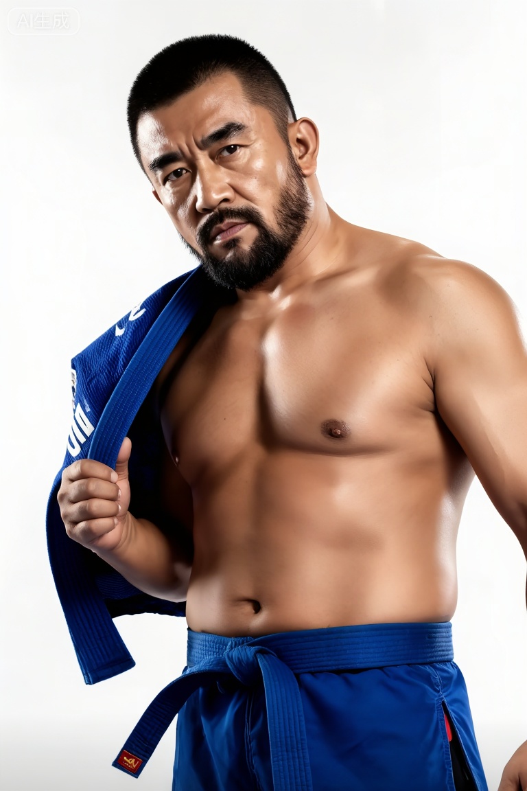 极致细节,4K壁纸,最高质量,杰作,极致清晰,DY,在中国,
中国男性, 38岁左右的中年男性赵磊,气质硬朗且充满力量感,留寸头、面部有胡须,赤裸上身（肌肉线条饱满）,穿着蓝色柔道裤,右手搭着蓝色柔道服,身处纯白背景前,整体画面光线明亮均匀。脂包肌身材,中国男人