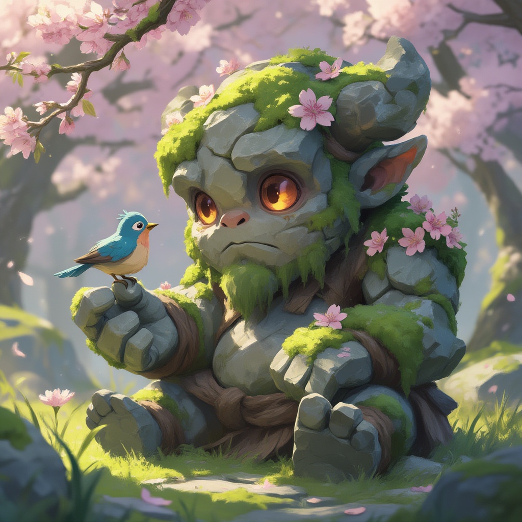 painterly cartoon style,  A stone golem covered in soft green moss and blooming pink cherry blossoms. It has a gentle,  ov...
