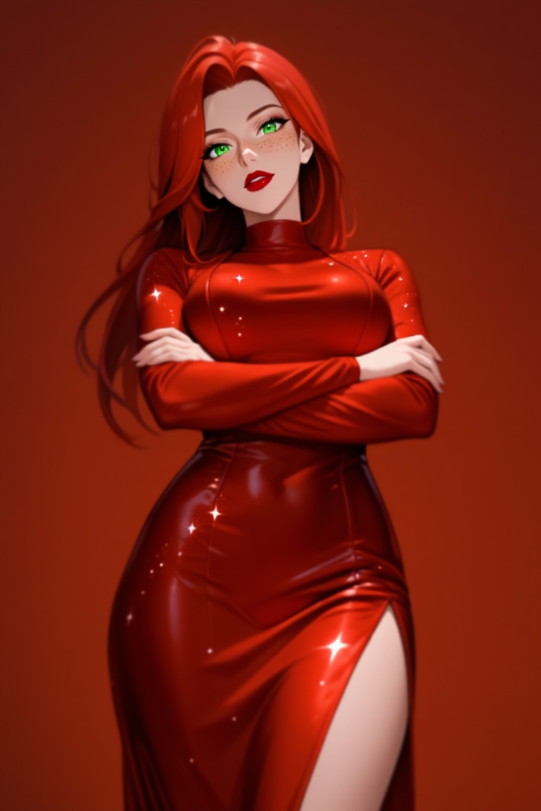 anime woman with long red hair,  wearing a shiny red dress with a high slit. The character is standing with arms crossed,...