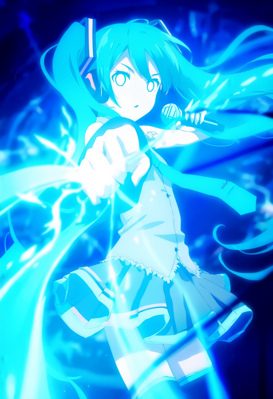 A high-quality anime screencap featuring a single girl,  Hatsune Miku,  with striking white pupils. She holds a microphone...
