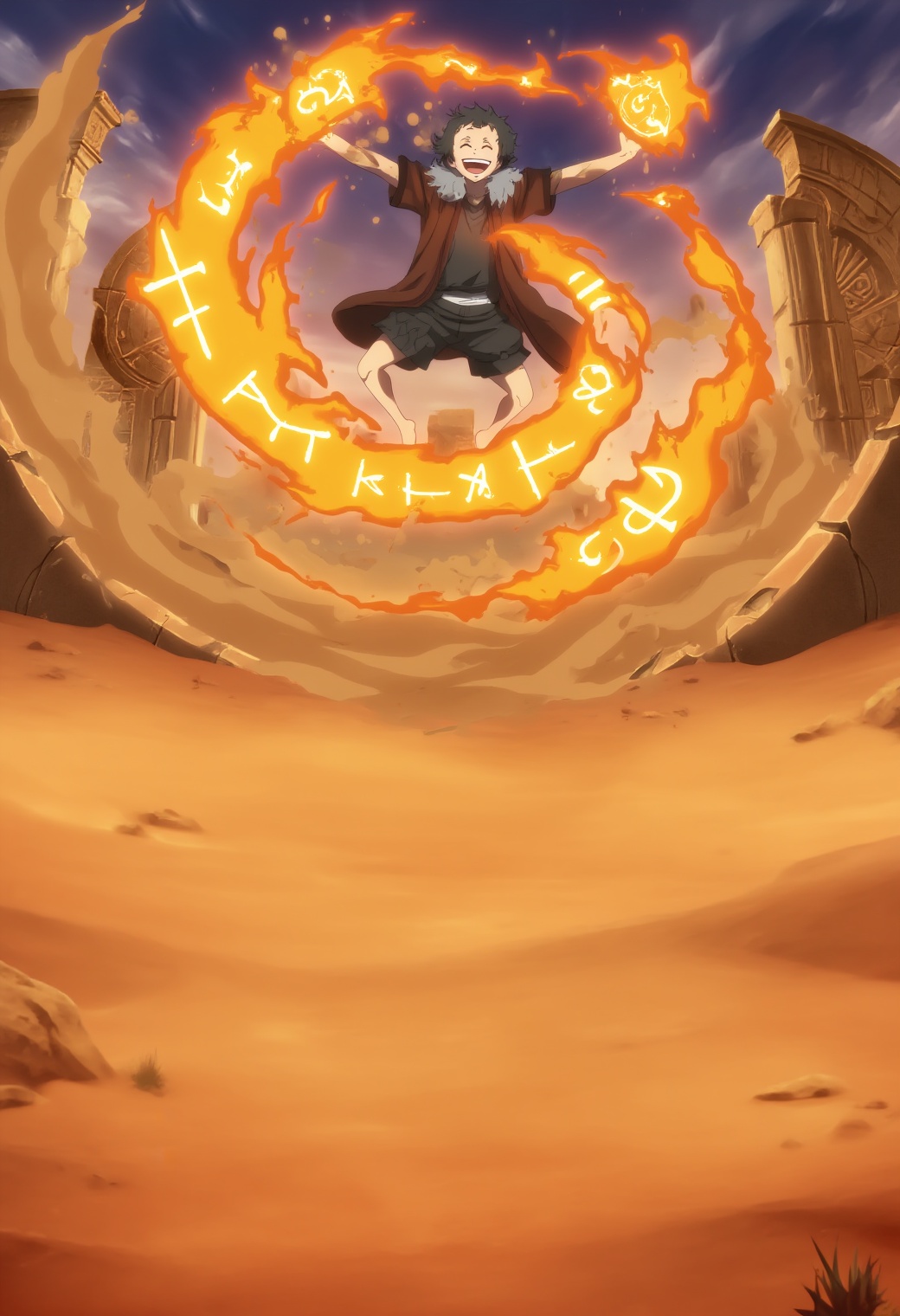 A high-quality anime screencap of a wild teenage mage laughing mid-spell,  floating above an ancient desert ruin as spiral...