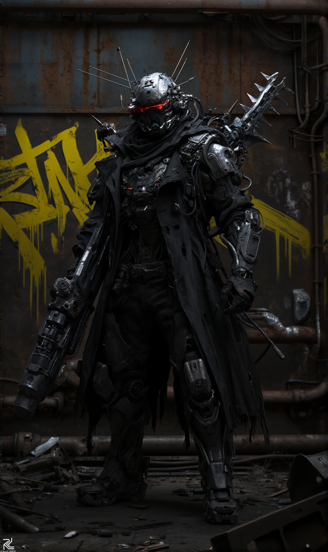 A futuristic,  heavily armored warrior stands centered in a dark,  grimy industrial setting. The figure is clad in intrica...