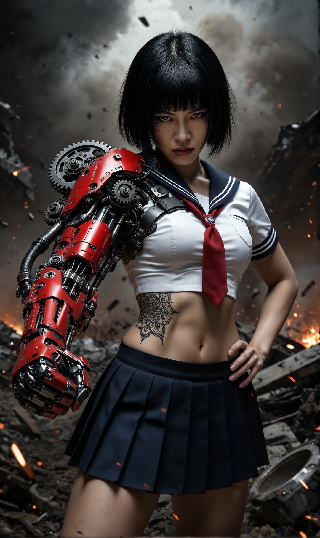 Hyperrealistic cinematic portrait of a beautiful young japanese female cybernetic warrior,  East Asian features,  mid-20s...