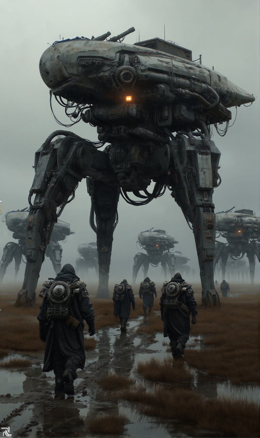 Colossal brutalist dieselpunk walker mechs dominating a desolate marshland plain under a heavily overcast sky. The primary...