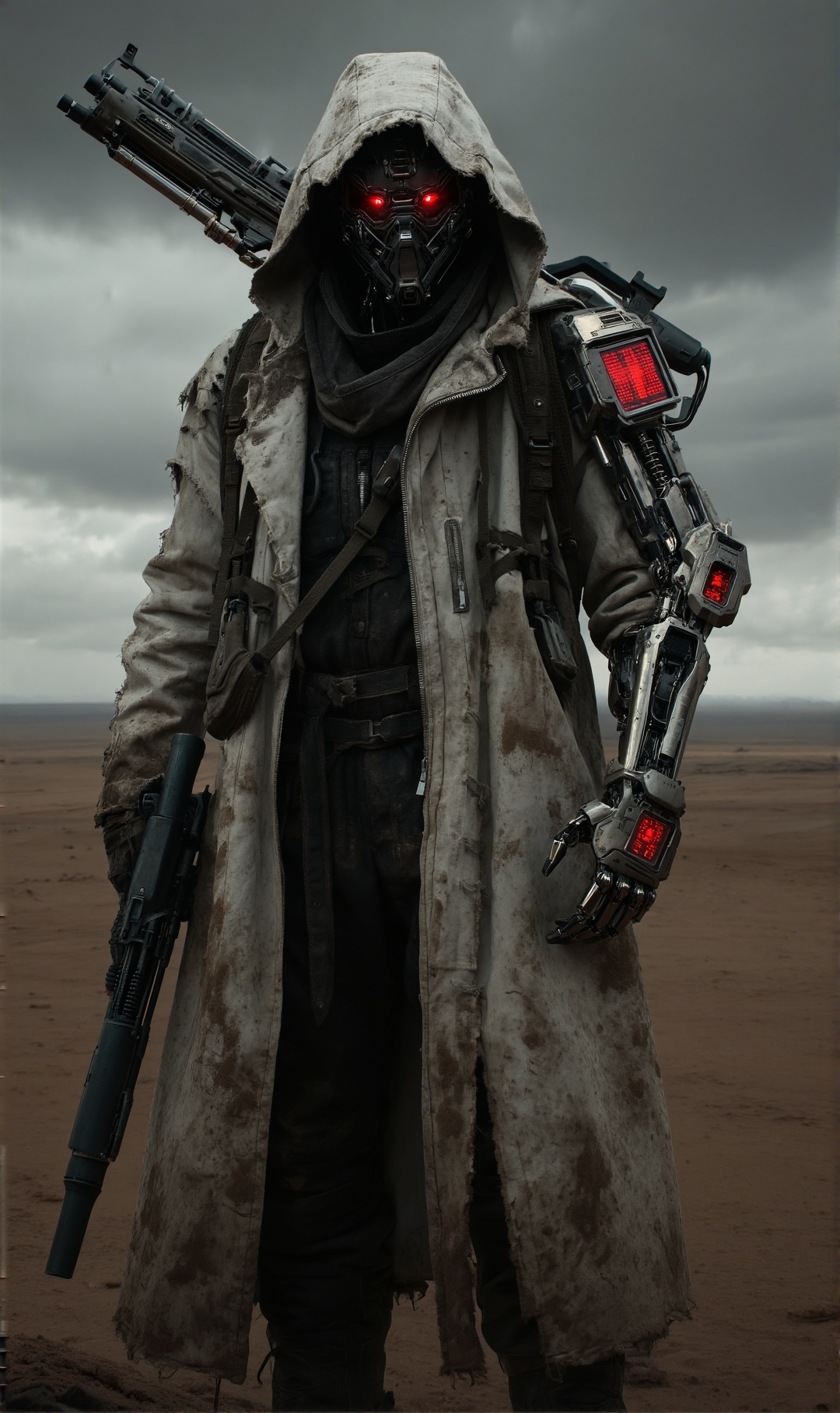 A futuristic,  cybernetic figure stands centered in a desolate,  barren wasteland under a heavy on Tensor.Art