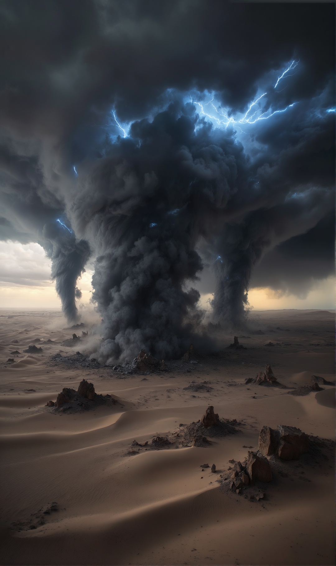A vast,  desolate desert landscape stretches under a churning,  dark sky where several massive storm pillars descend like...