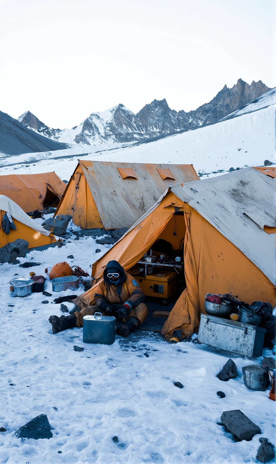 A remote camp of weathered tents sits against a backdrop of jagged,  snow-capped mountain peaks under a diffused,  bright...