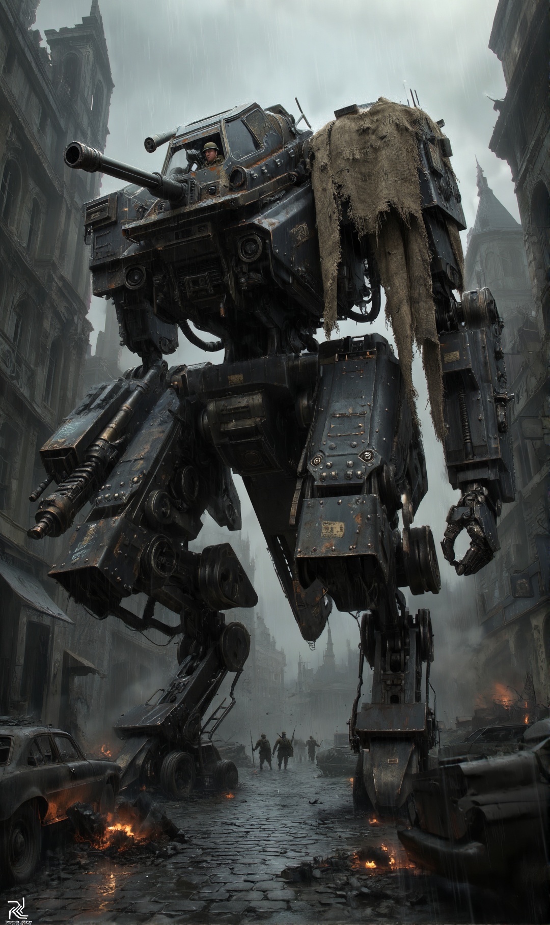 An imposing,  heavily armored,  retro-futuristic bipedal walker mech standing stationary in a desolate on Tensor.Art
