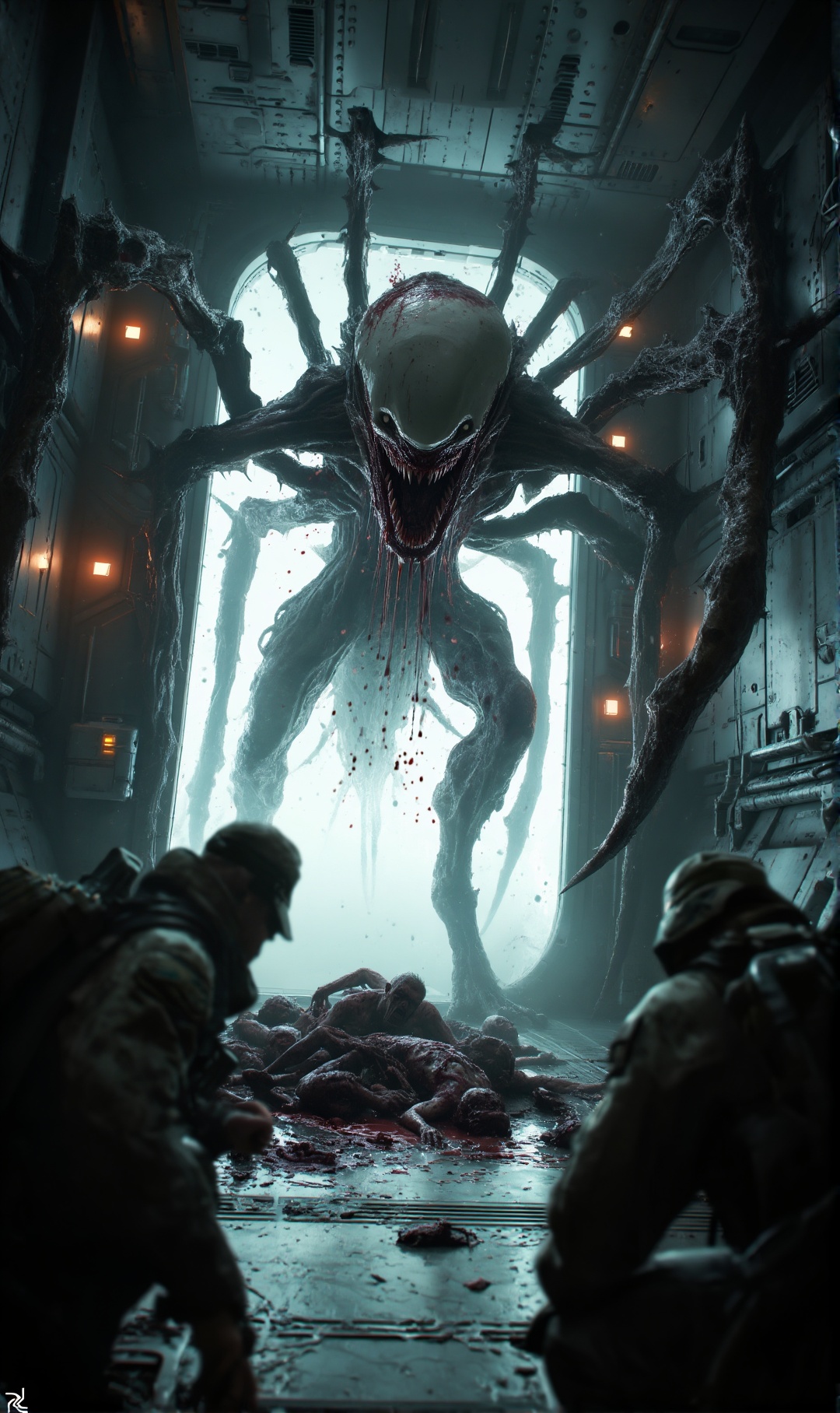 A towering,  terrifying biological horror creature dominates the frame,  standing upright on numerous dark on Tensor.Art