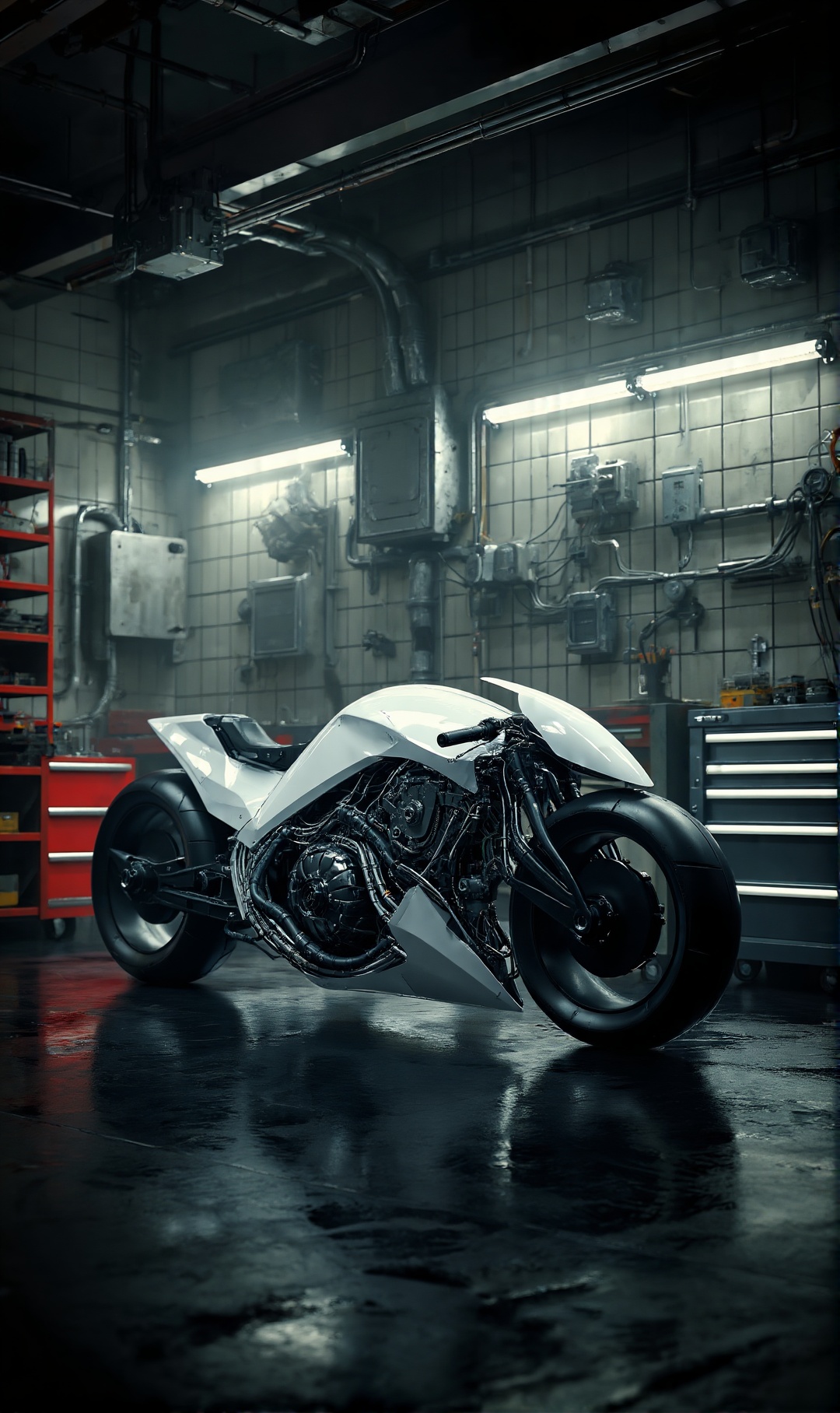 A futuristic,  low-slung motorcycle sits at the center of a dimly lit industrial workshop. The vehicle features a sleek wh...