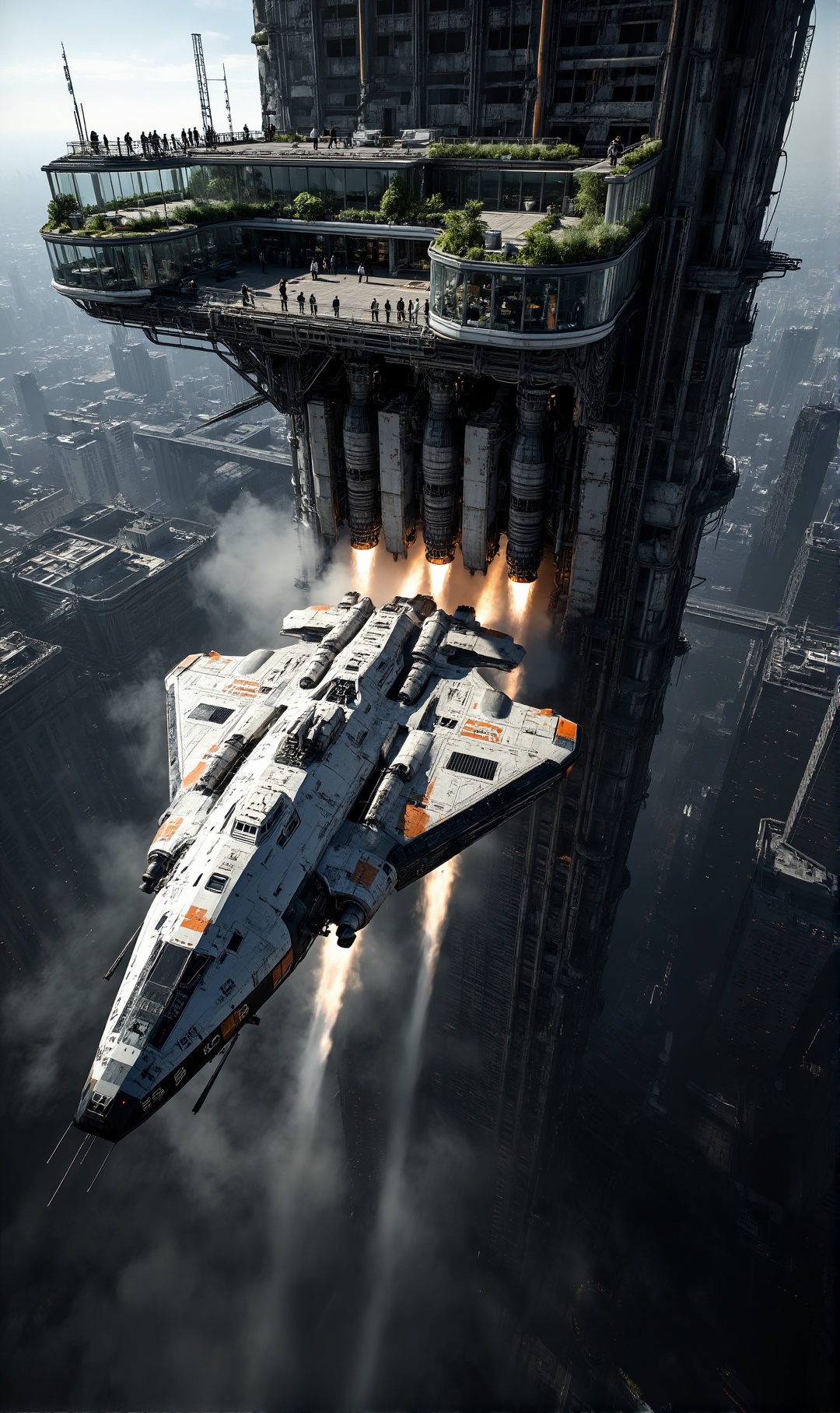A massive,  heavily detailed sci-fi transport dropship ascending vertically from a dilapidated skyscraper rooftop landing...