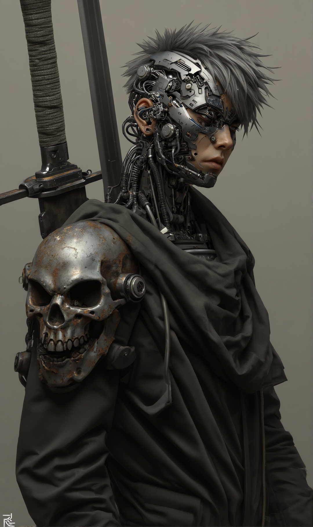 a figure heavily integrated with cybernetic components stands against a neutral,  plain background. The subject features s...