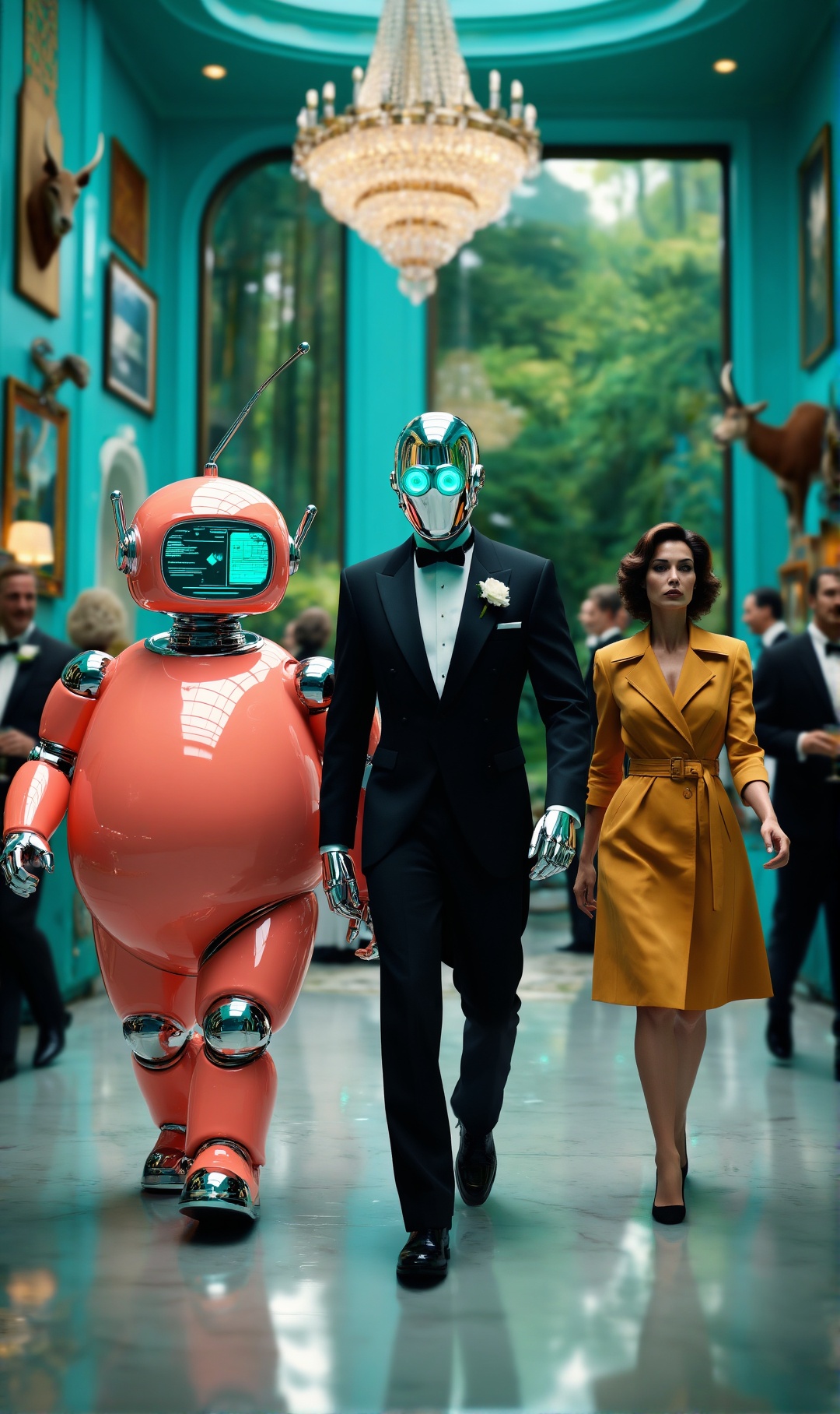 A stunningly detailed,  cinematic,  photorealistic image of three figures walking in lockstep down the hallway of a luxuri...