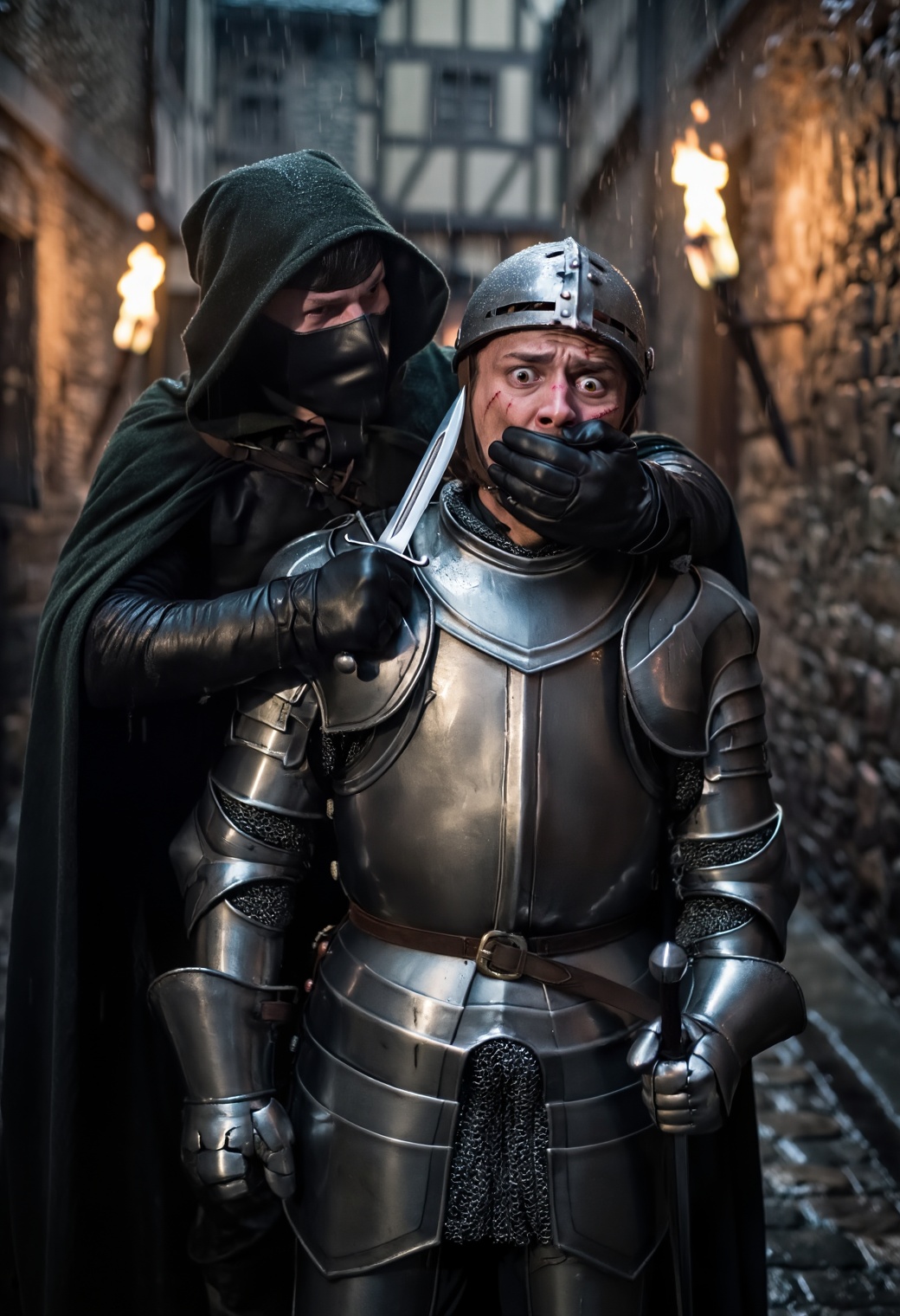 A cinematic 35mm still frame featuring a knight in shining armor and a hooded rogue behind him. The shadowy rogue,  wearin...