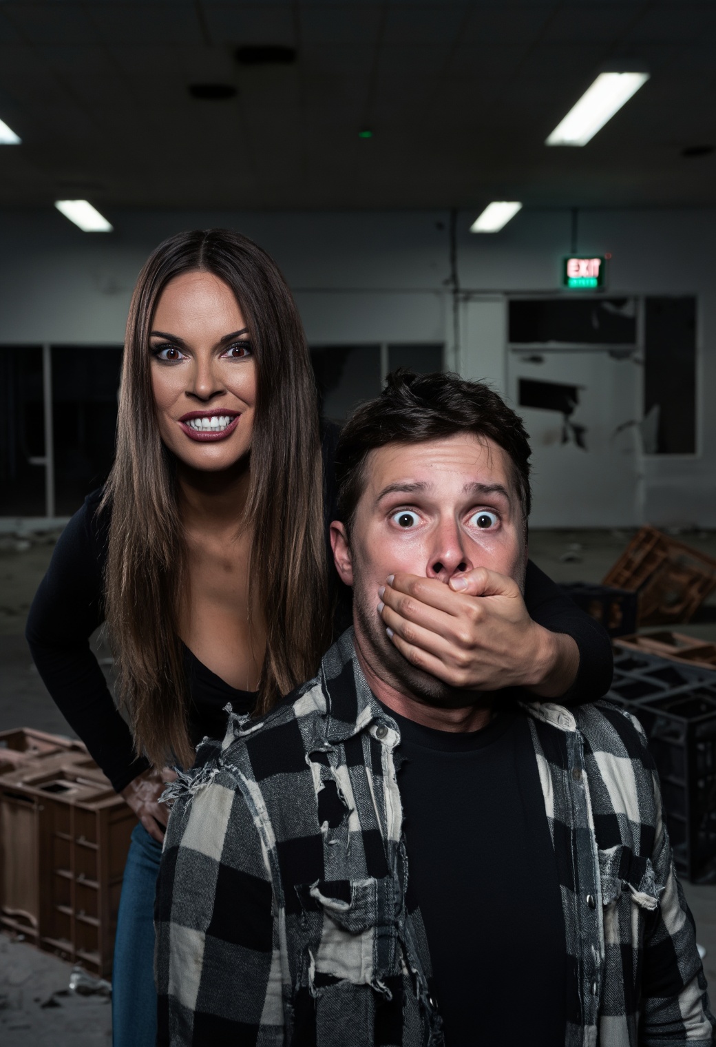 A professional wide-shot photograph featuring a woman and a man behind. A ruthless,  cunning woman with a chilling smirk c...