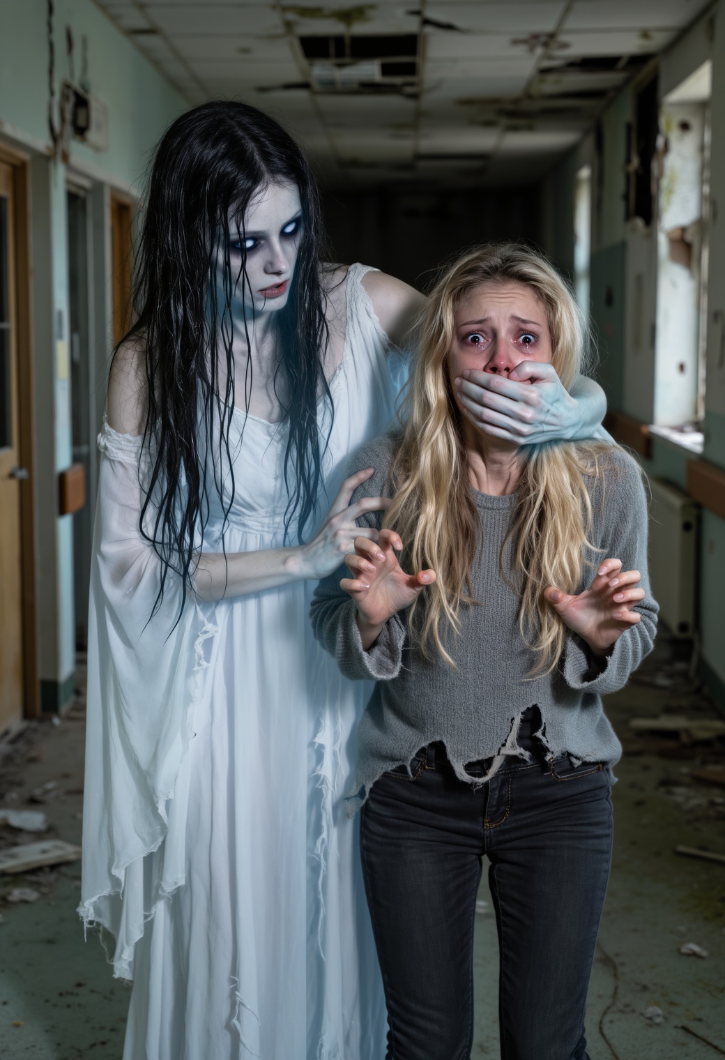 A cinematic 35mm still frame featuring a ghostly woman and a human woman in front. A pale,  translucent specter with long,...
