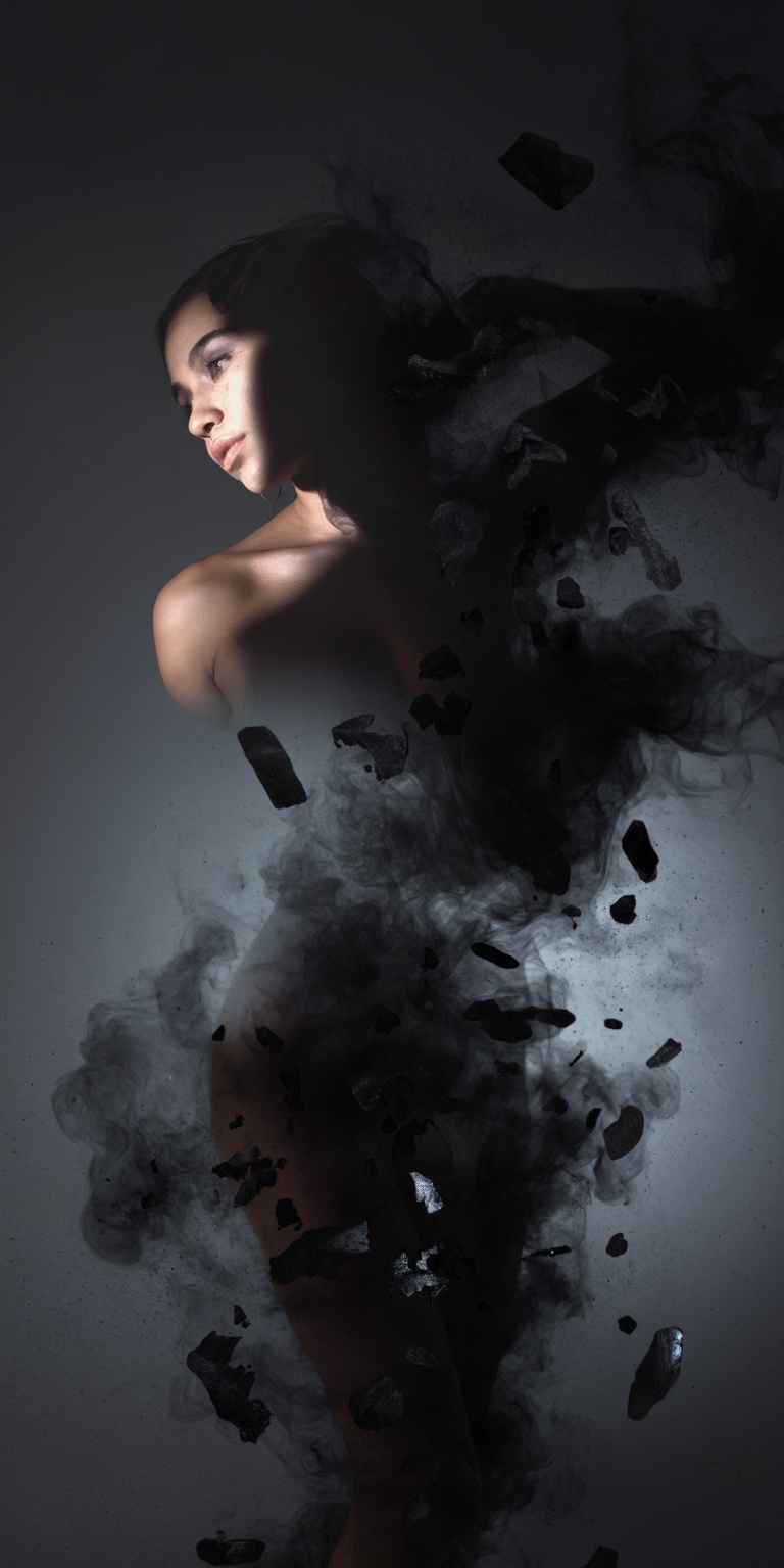 A beautiful woman disappearing into shadows. Her face is half-lit,  half swallowed by darkness. Black smoke and fragments...