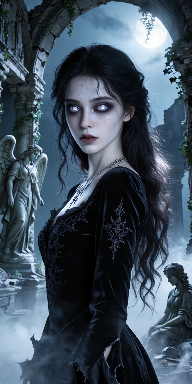 Dark fantasy photorealistic portrait of a hauntingly beautiful young woman standing alone in a moonlit ruin,  embodying bo...