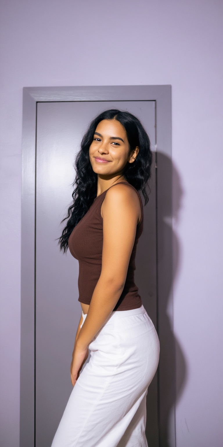 a young woman standing in front of a gray door in a plain,  light purple wall,  wearing a brown ribbed sleeveless top and...