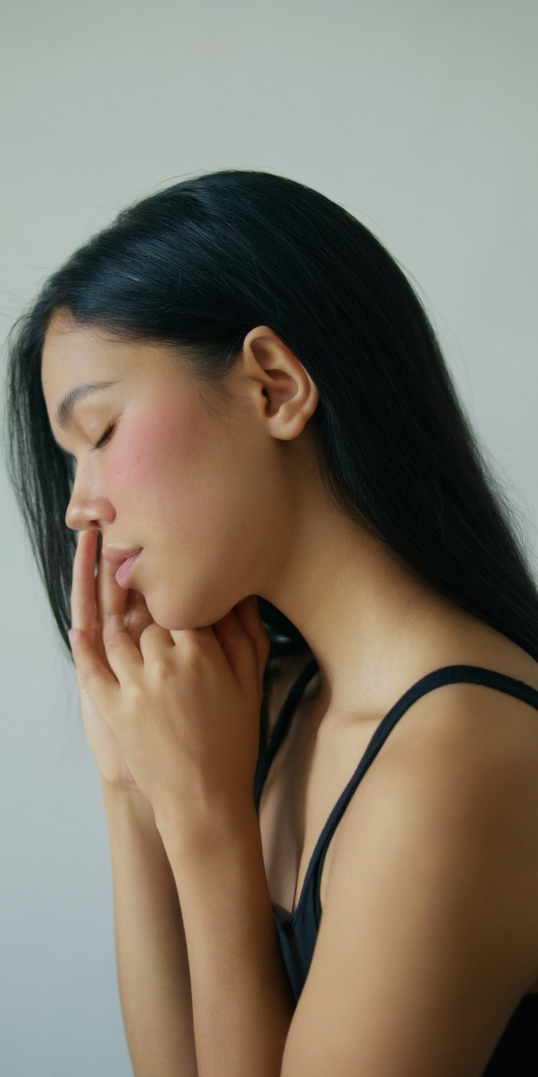 a close-up shot from a profile camera angle about a contemplative young woman with long black hair and light skin,  wearin...