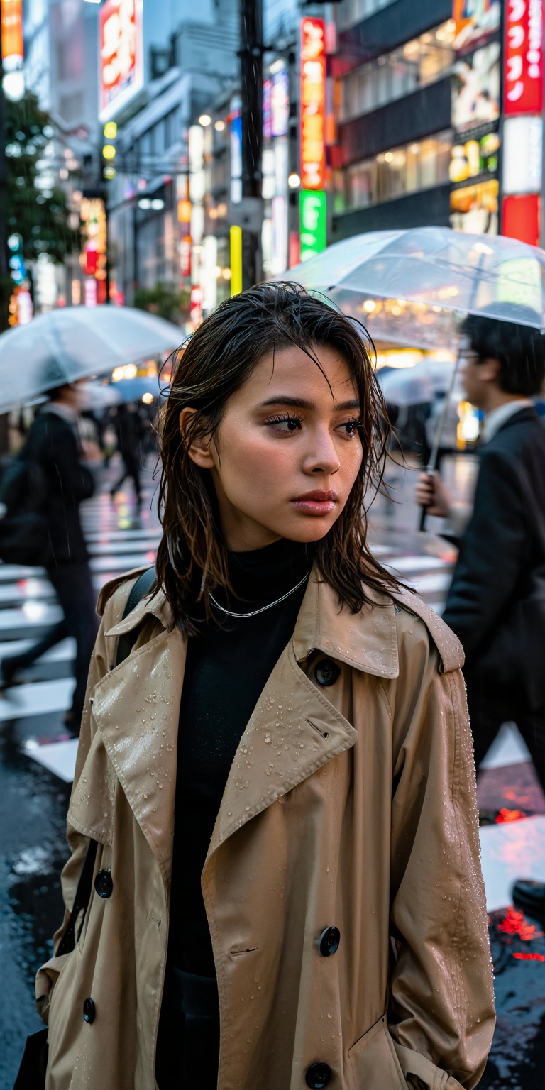 Ultra-realistic urban street scene set in Tokyo during a light evening rain,  focusing on a young woman waiting at a cross...