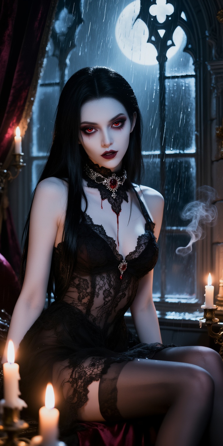 Cinematic dark fantasy portrait of a beautiful vampire girl seated near a gothic window as rain streaks down the glass beh...