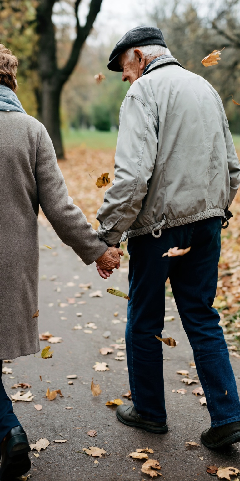 Photorealistic candid scene of an elderly couple walking hand in hand through a park in autumn,  captured from behind at a...