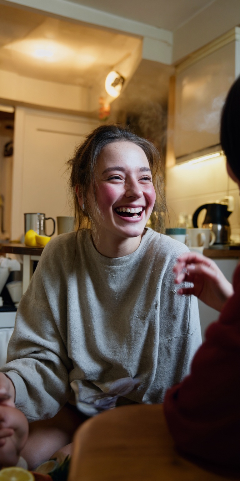 Photorealistic candid indoor scene of a young woman laughing unexpectedly while talking to a friend in a cozy apartment ki...