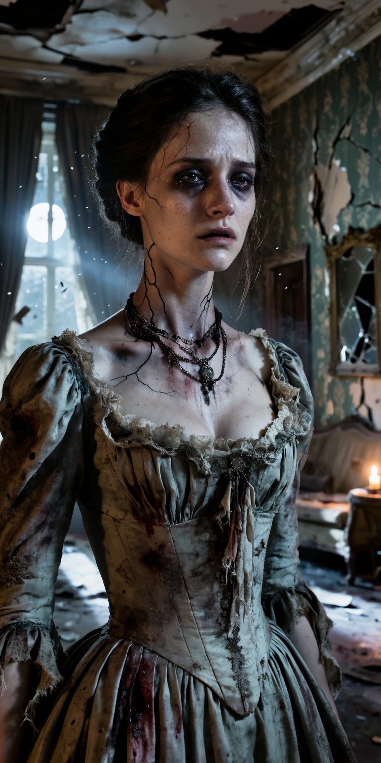 Ultra-photorealistic dark fantasy portrait of a cursed noblewoman in a decaying gothic manor. Her face is highly detailed...