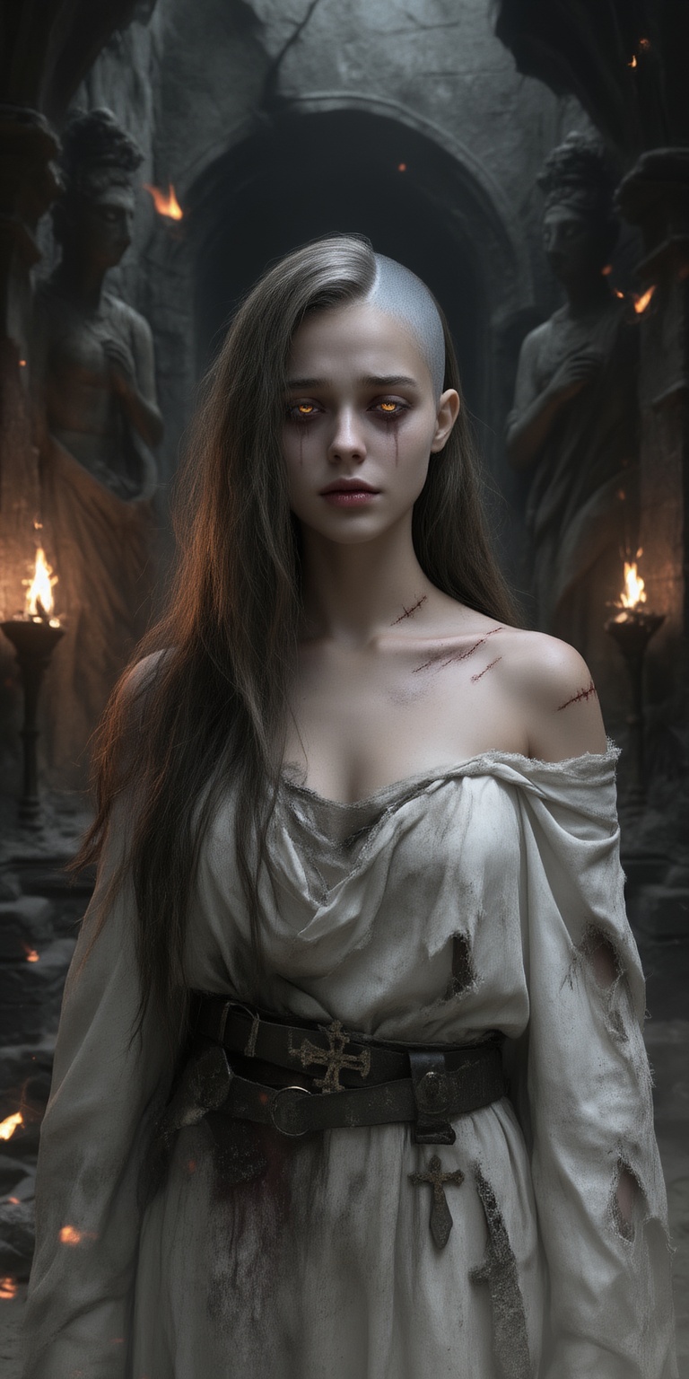 Photorealistic dark fantasy beauty girl portrayed as a fallen priestess standing in a shadow-filled underground temple. He...