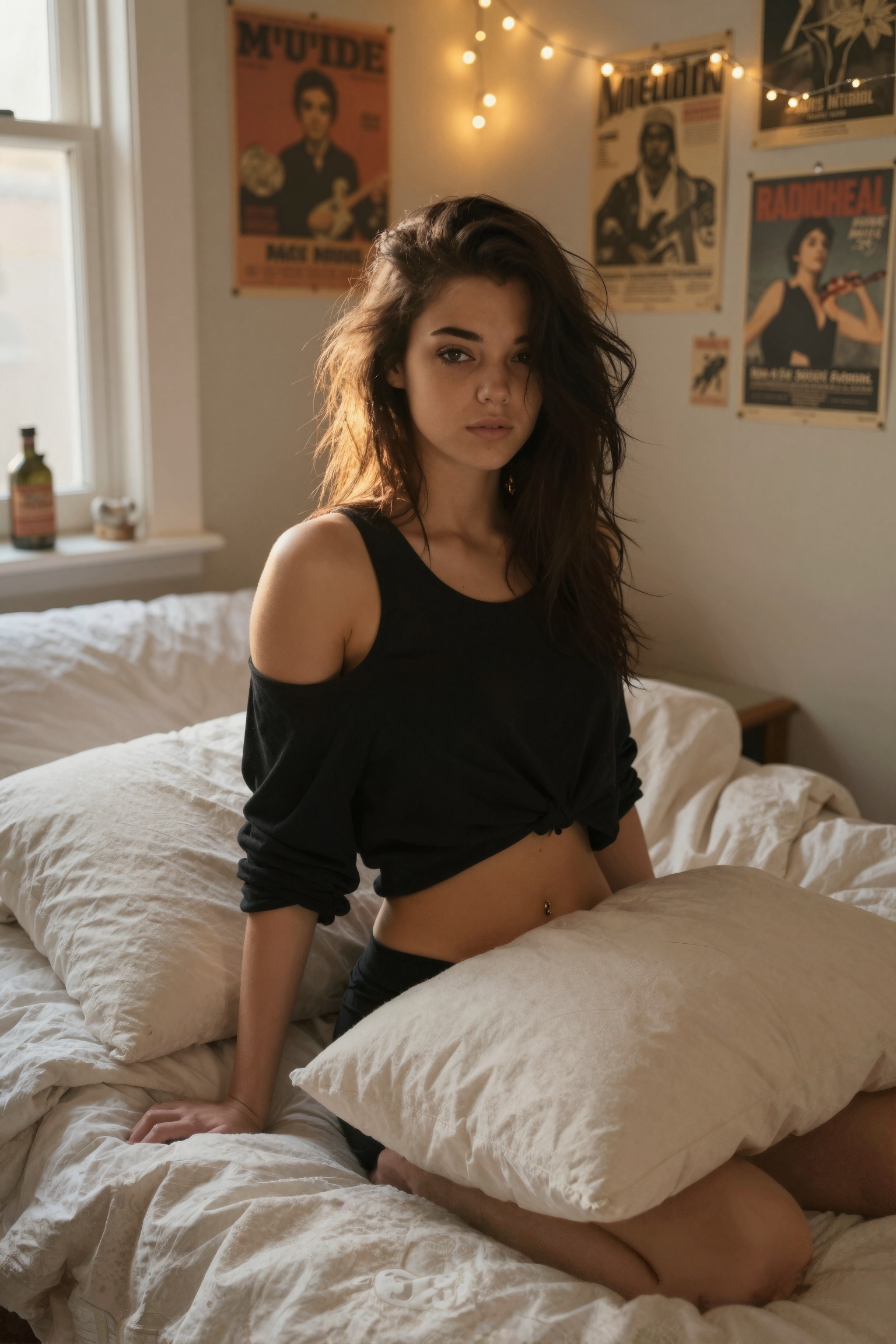 An extremely realistic,  photorealistic portrait captures a young beautiful girl sitting on her worn white bed,  lazily le...