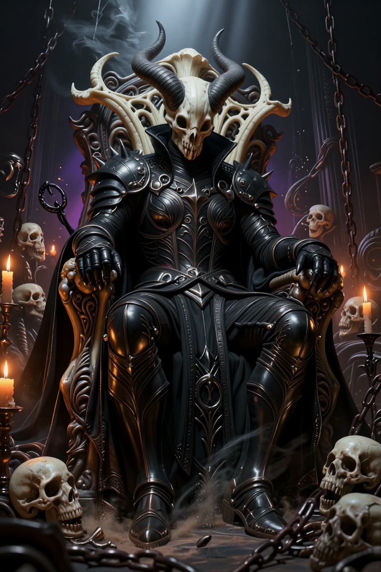 [Masterpiece fantasy digital illustration of] Ultra-detailed digital painting of a demon lord seated on an ornate throne c...