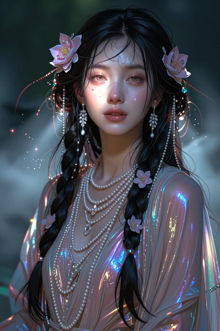 [Masterpiece fantasy digital illustration of] A portrait of a young woman with a mystical,  ethereal appearance. She has d...