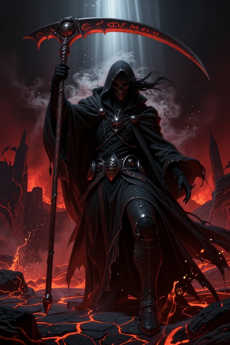 [Masterpiece fantasy digital illustration of] An imposing necromancer in a tattered obsidian-black hooded cloak stands in...