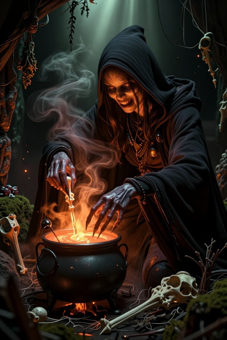 [Masterpiece fantasy digital illustration of] An eerie hyper-detailed digital painting of a sinister witch brewing a potio...