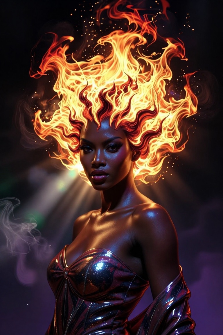 [Masterpiece fantasy digital illustration of] Create a highly stylized,  surreal portrait of a confident woman with dark s...