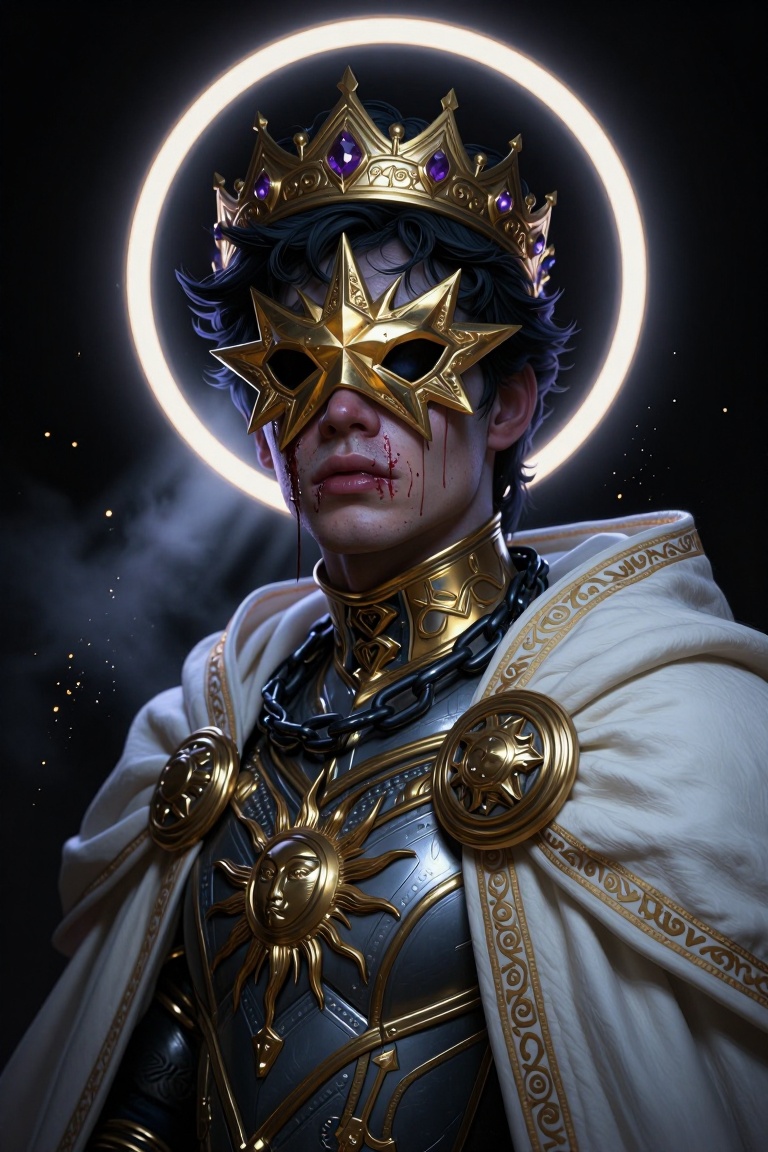 [Masterpiece fantasy digital illustration of] A highly detailed,  dark,  and dramatic portrait of a young man wearing an e...