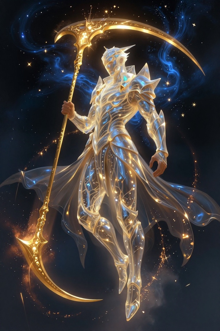 [Masterpiece fantasy digital illustration of] Celestial astral warrior with translucent crystal armor,  levitating in deep...