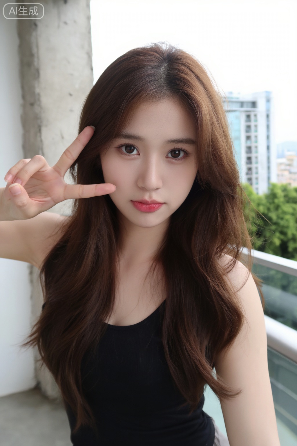 这张照片中,一位年轻的亚洲女性留着长长的棕色波浪发,披散在肩上。她皮肤白皙,有一双大大的杏仁形棕色眼睛和丰满略带粉红色的嘴唇。她用右手比出和平手势,手放在脸旁边。她穿着一件黑色无袖上衣,表情中性,带着一丝微笑。背景是一个阳台,左边有一个混凝土柱子,右边透过玻璃栏杆可以看到一些城市景观,包括一栋建筑和一些绿色植物。光线柔和自然,暗示这是一个阴天。整体风格随意而自然,突出了拍摄对象年轻活泼的气质,4K