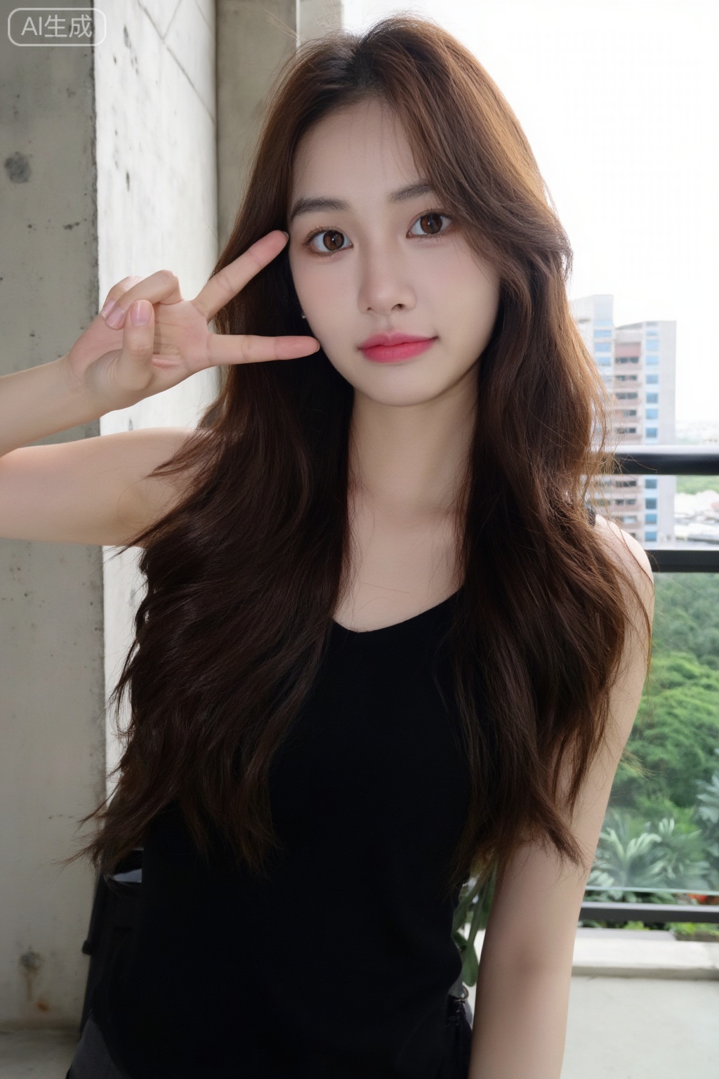 这张照片中,一位年轻的亚洲女性留着长长的棕色波浪发,披散在肩上。她皮肤白皙,有一双大大的杏仁形棕色眼睛和丰满略带粉红色的嘴唇。她用右手比出和平手势,手放在脸旁边。她穿着一件黑色无袖上衣,表情中性,带着一丝微笑。背景是一个阳台,左边有一个混凝土柱子,右边透过玻璃栏杆可以看到一些城市景观,包括一栋建筑和一些绿色植物。光线柔和自然,暗示这是一个阴天。整体风格随意而自然,突出了拍摄对象年轻活泼的气质,4K