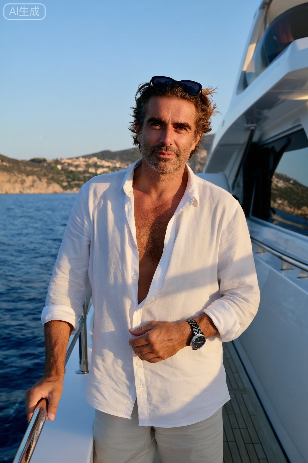 穿着度假装的游艇主人在豪华游艇的甲板上拍照,背景中可以看到地中海海岸线,设计师太阳镜推到头上,晒黑的手腕上戴着休闲但昂贵的手表,自然妆容突出了面部特征,随意风格的发型显得毫不费力,姿态舒适但充满威严,傍晚金色的光线。。,light