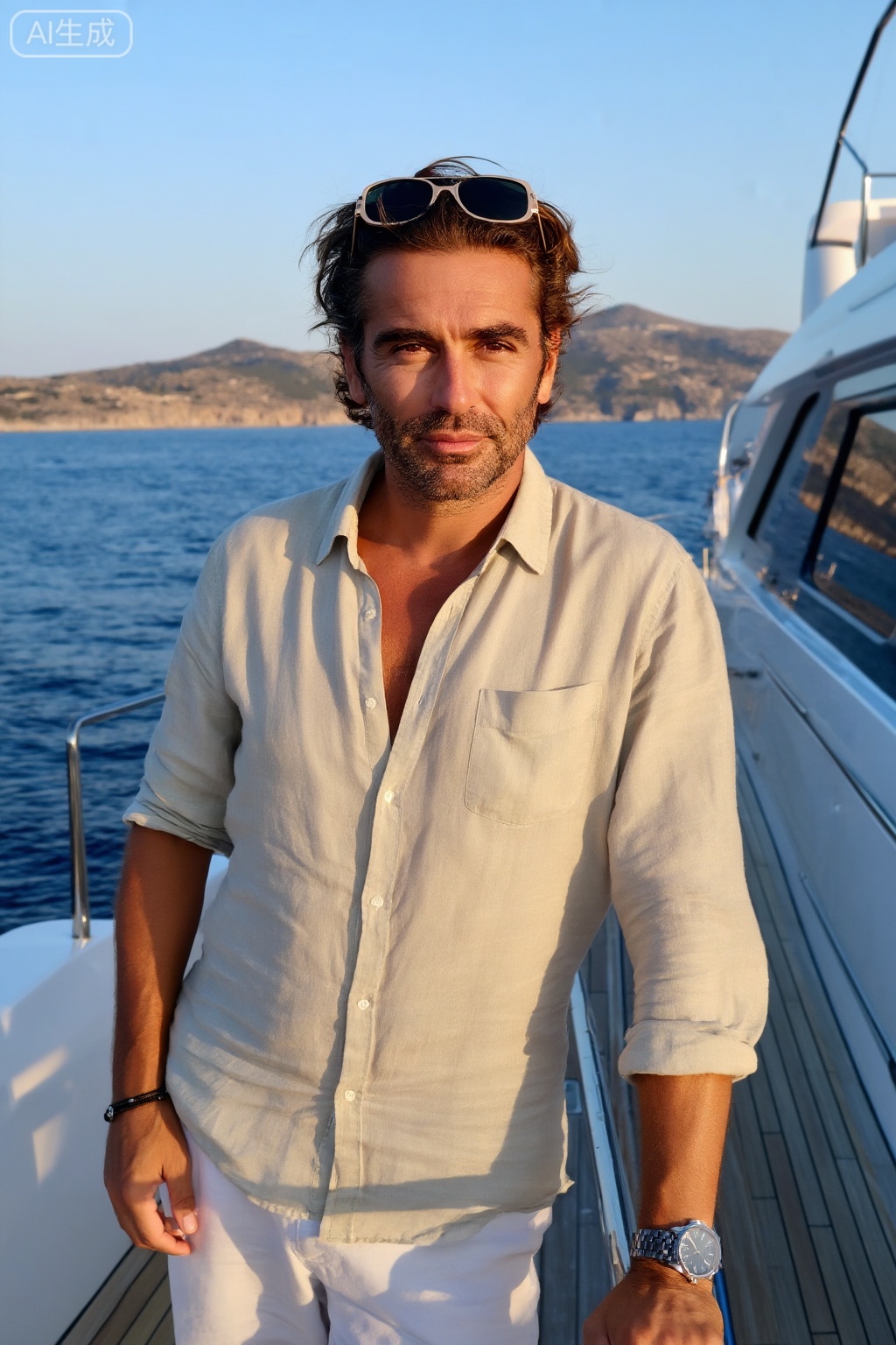 穿着度假装的游艇主人在豪华游艇的甲板上拍照,背景中可以看到地中海海岸线,设计师太阳镜推到头上,晒黑的手腕上戴着休闲但昂贵的手表,自然妆容突出了面部特征,随意风格的发型显得毫不费力,姿态舒适但充满威严,傍晚金色的光线。。,light